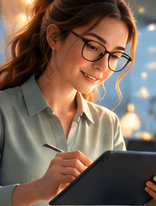 Lehrperson mit Tablet in einem hellen Klassenzimmer