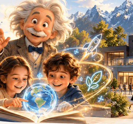 Freundlicher Einstein-Mentor mit zwei Kindern, offenem Buch und leuchtendem Globus vor einer modernen Schule in den Alpen.